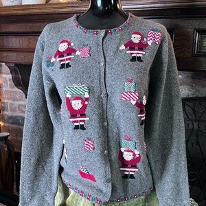 Talbots Gray Santa Sweater, size M. Amazing detailed embroidery, 100% wool